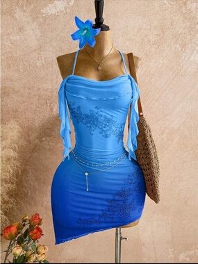 Blue Floral Embellished Bodycon Dress